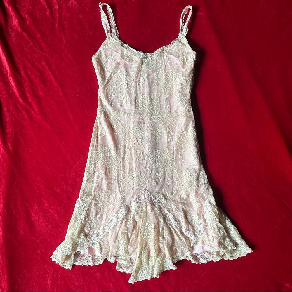 90s Lace Crotchet Cream and Pink Satin Elegant Lace Slip Fairy Princess Dress